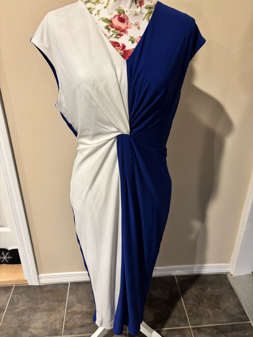 Kasper 1X Blue White Colorblock Dress Twist Front Midi Career Occasion NWT F185